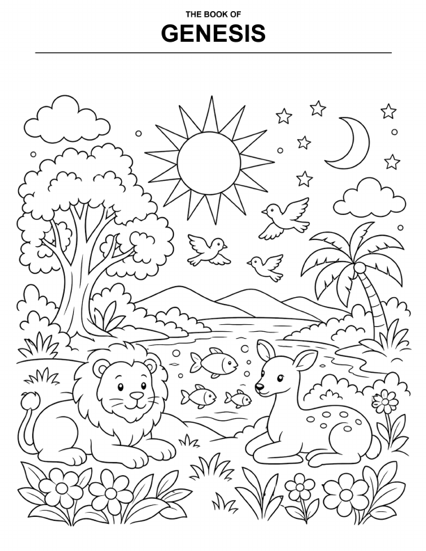 Genesis coloring page with animals, trees, sun, moon, and stars